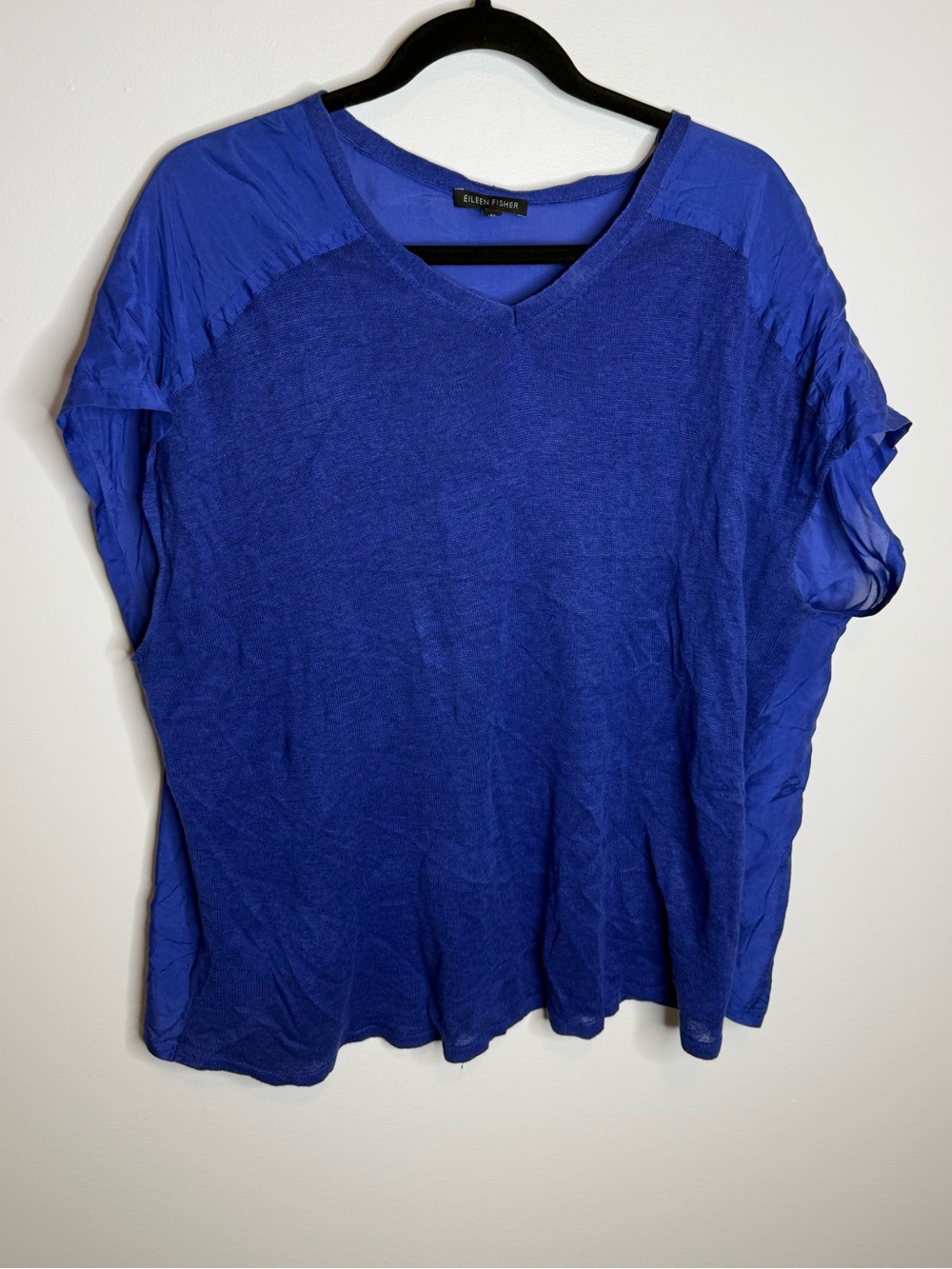 Eileen Fisher Royal Blue V-Neck Short Sleeve Top silk linen size medium